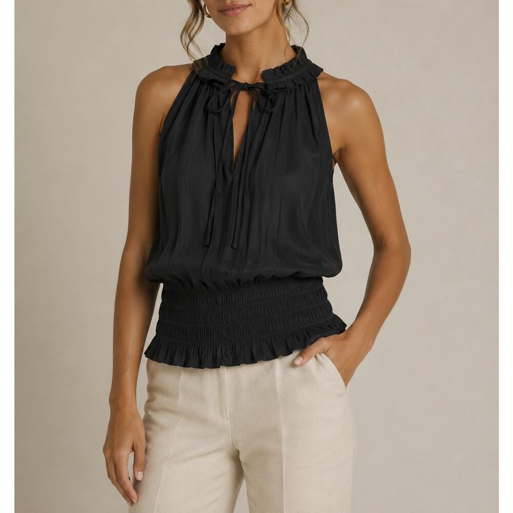 RAMY BROOK Black Satin Sleeveless High Neck Smocked Top Blouse Size Small